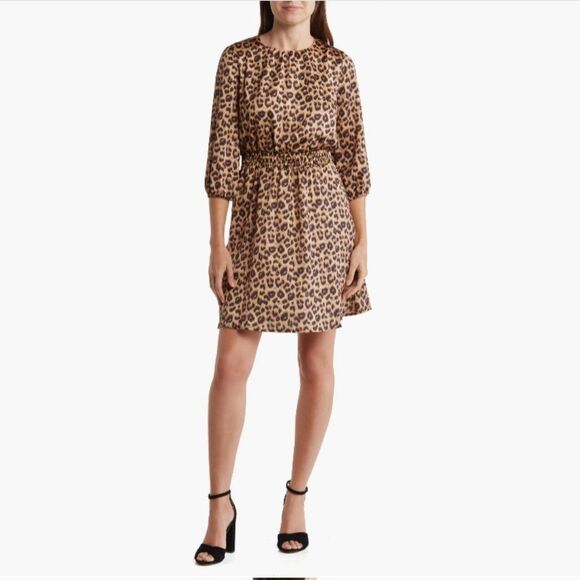 NWT Sam Edelman Leopard Print Smocked Waist A-Line Dress (4) - Picture 1 of 7